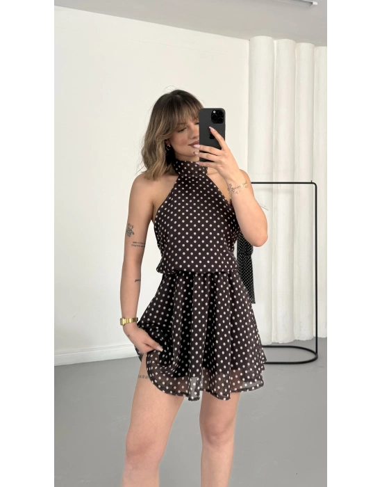 Melody Puantiyeli Elbise - Kahve