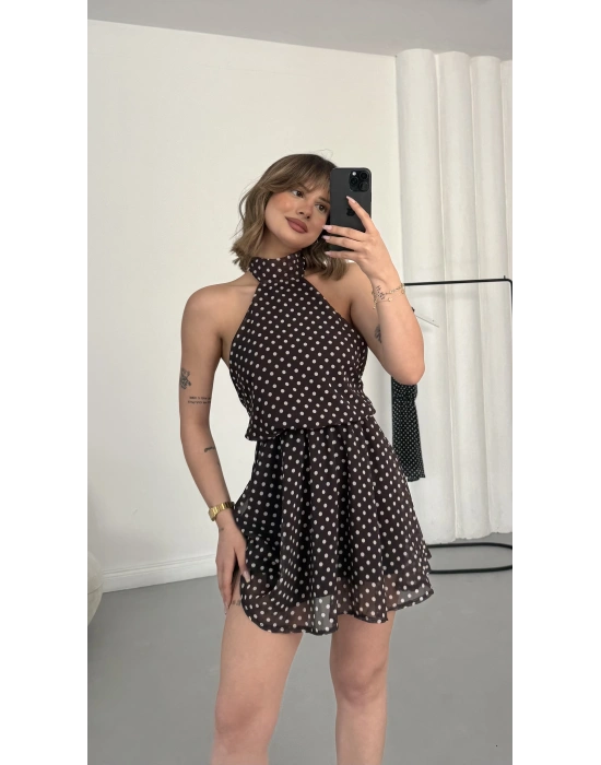 Melody Puantiyeli Elbise - Kahve
