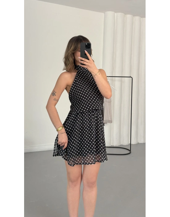 Melody Puantiyeli Elbise - Siyah