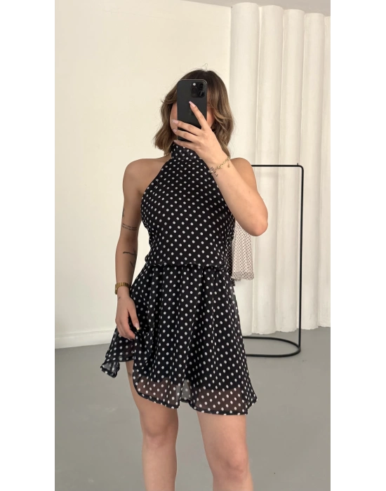 Melody Puantiyeli Elbise - Siyah