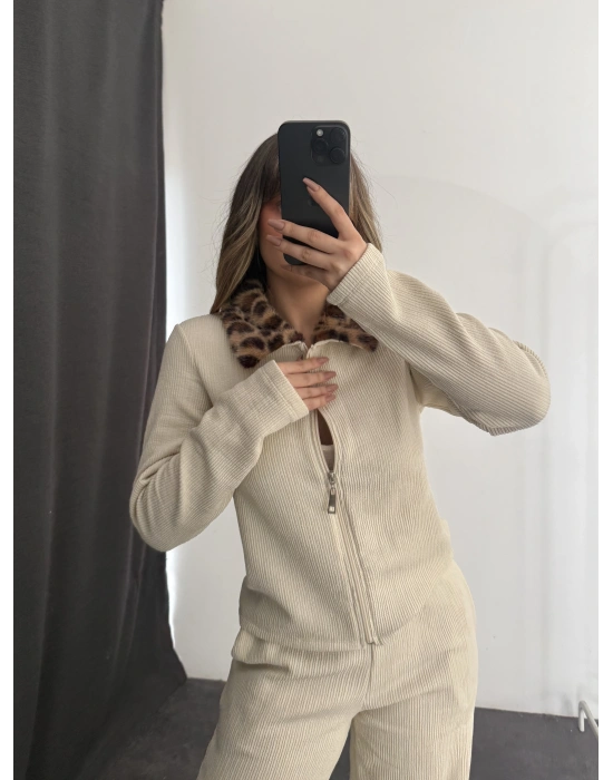Meloni Leopar Yakalı Takım - Bej