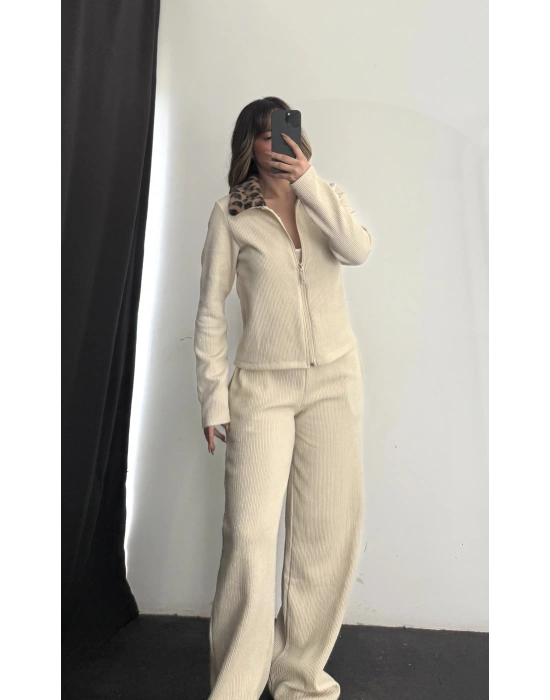 Meloni Leopar Yakalı Takım - Bej