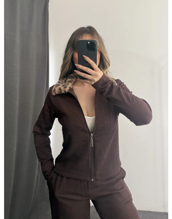 Meloni Leopar Yakalı Takım - Kahve