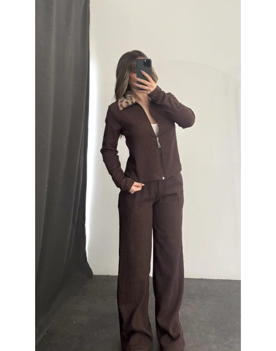 Meloni Leopar Yakalı Takım - Kahve