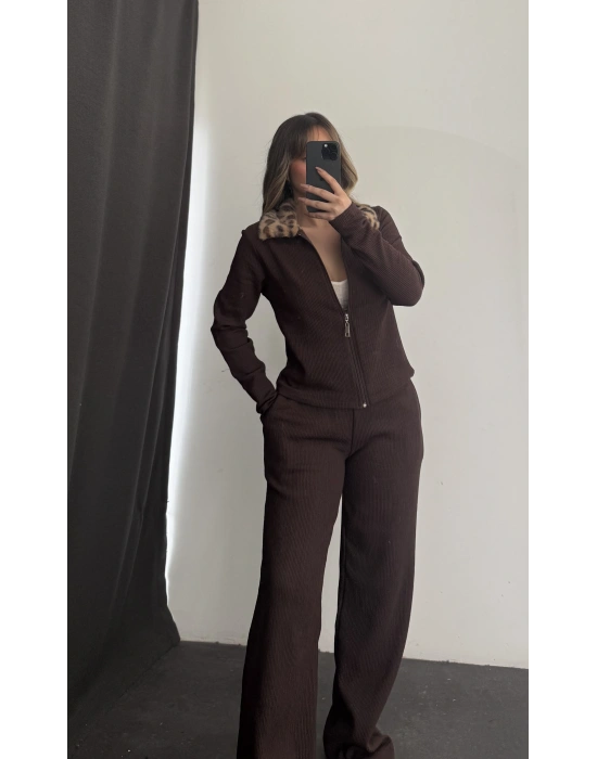 Meloni Leopar Yakalı Takım - Kahve