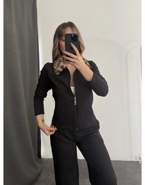 Meloni Leopar Yakalı Takım - Siyah