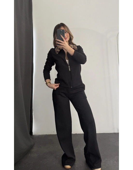 Meloni Leopar Yakalı Takım - Siyah