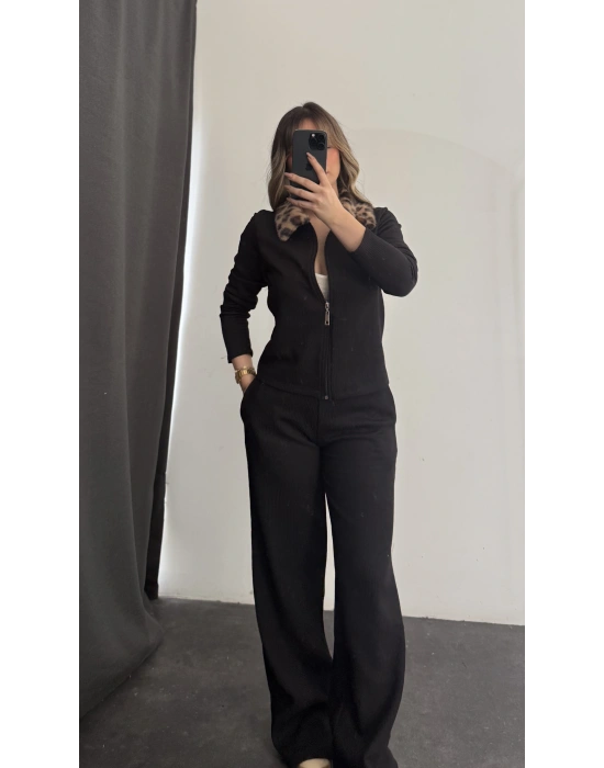 Meloni Leopar Yakalı Takım - Siyah