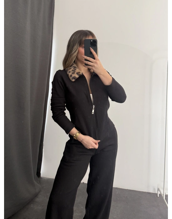 Meloni Leopar Yakalı Takım - Siyah