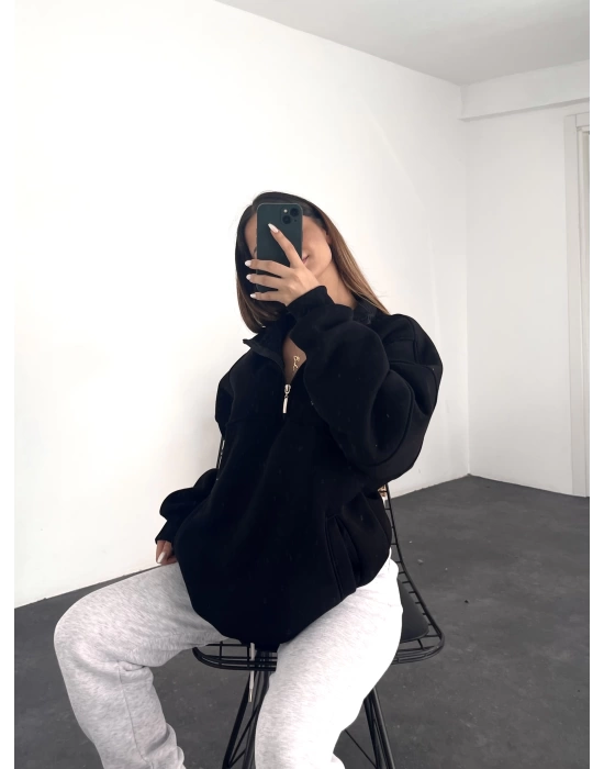 Meri Şardonlu Sweatshirt-Siyah