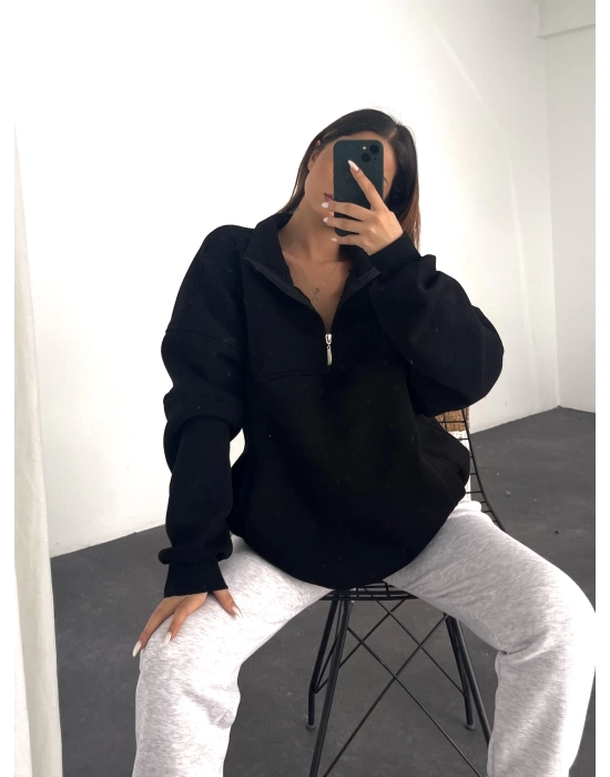 Meri Şardonlu Sweatshirt-Siyah
