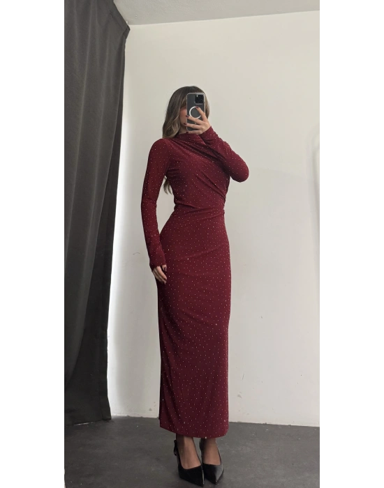 Merlyn Taşlı Elbise - Bordo
