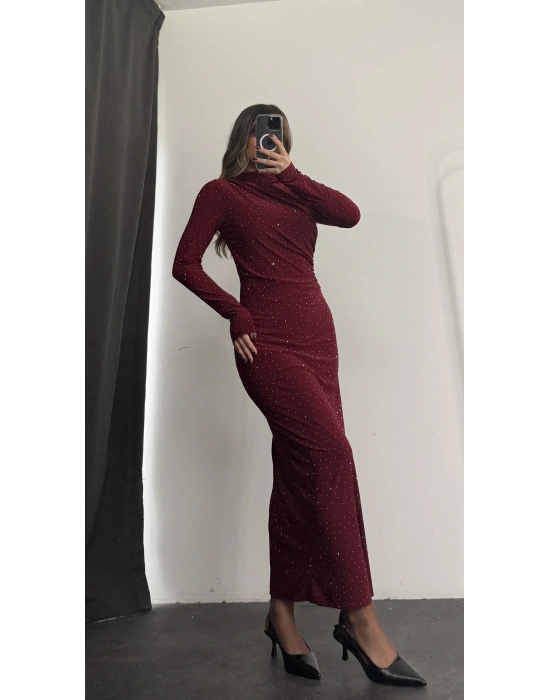 Merlyn Taşlı Elbise - Bordo