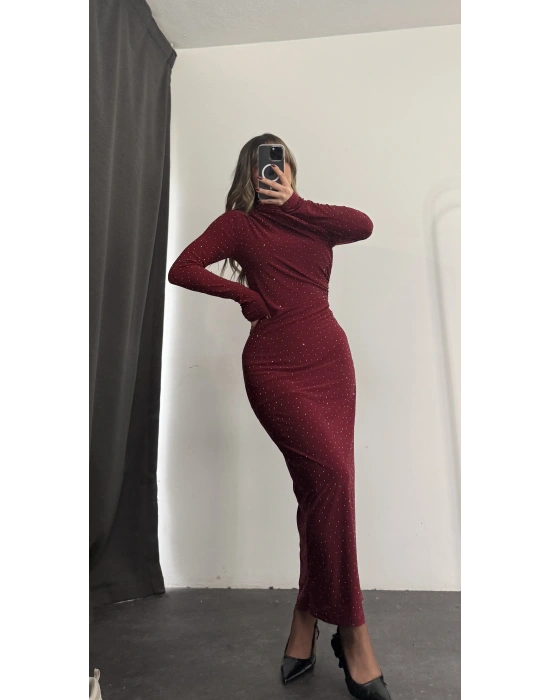 Merlyn Taşlı Elbise - Bordo