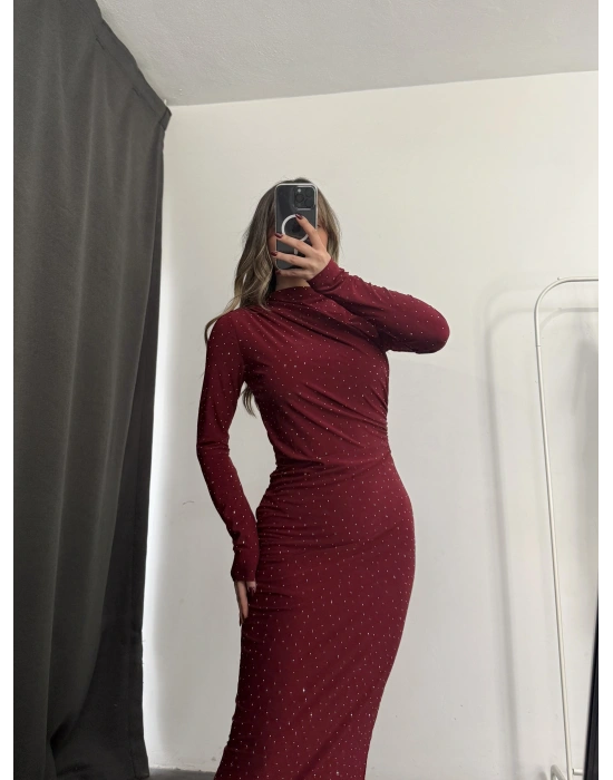 Merlyn Taşlı Elbise - Bordo