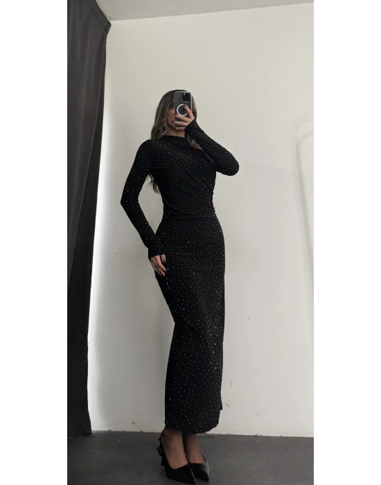 Merlyn Taşlı Elbise - Siyah