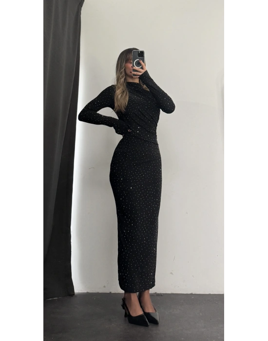 Merlyn Taşlı Elbise - Siyah