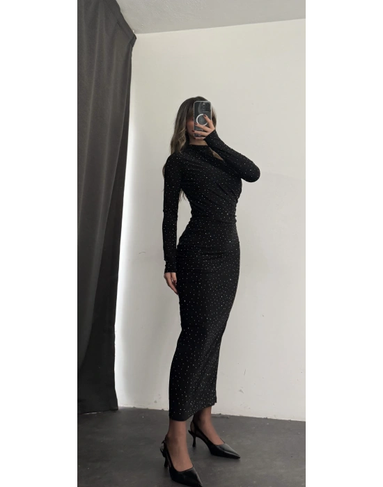 Merlyn Taşlı Elbise - Siyah