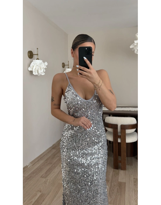 Milena Payetli Elbise - Gri