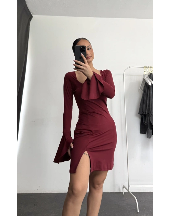Mini Yırtmaçlı Elbise - Bordo