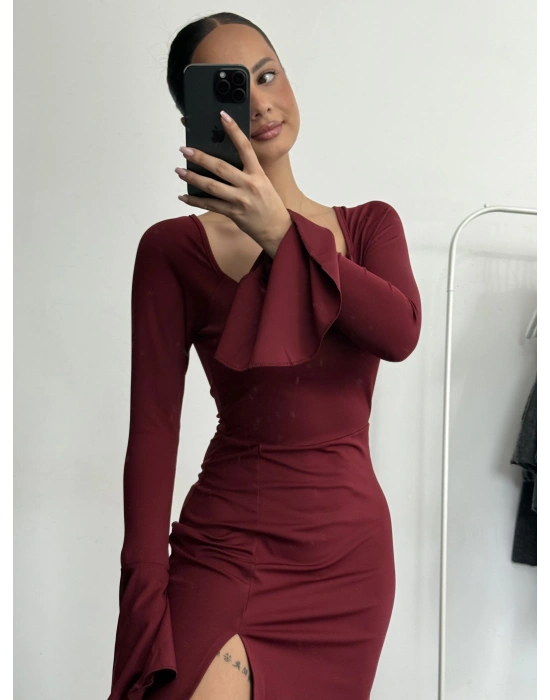 Mini Yırtmaçlı Elbise - Bordo
