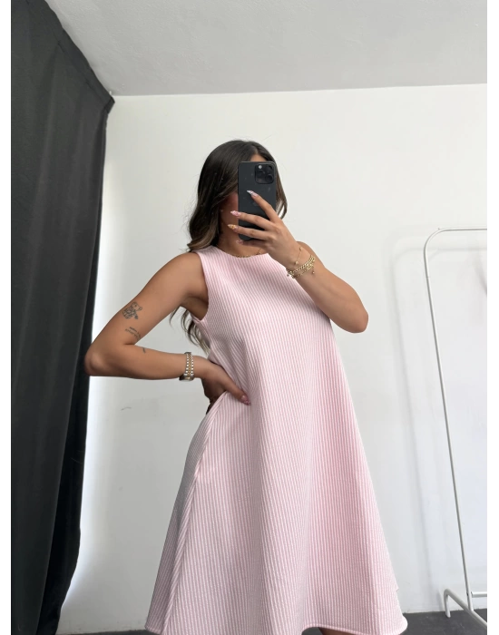 Mori Çizgili Salaş Elbise - Pembe