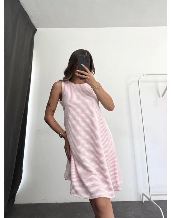 Mori Çizgili Salaş Elbise - Pembe