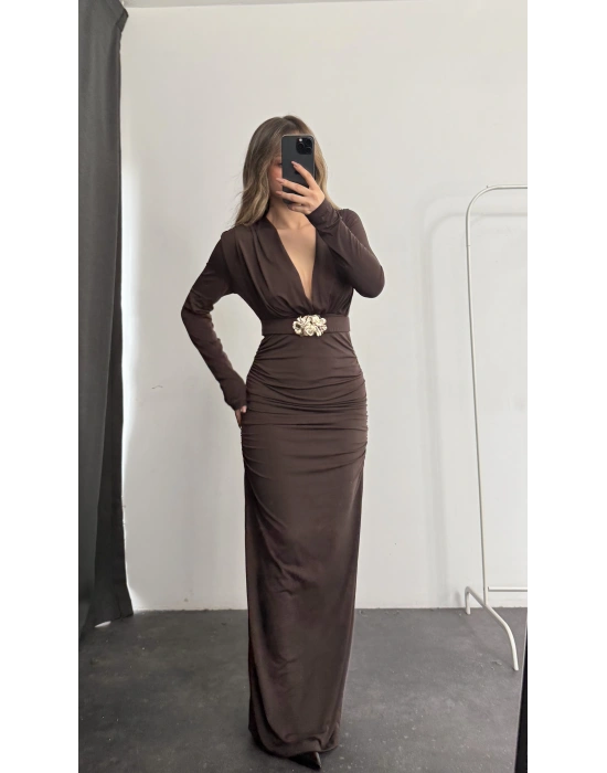 Mori V yaka Tokalı Elbise - Kahve