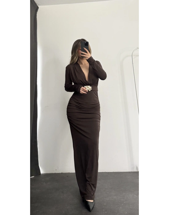 Mori V yaka Tokalı Elbise - Kahve