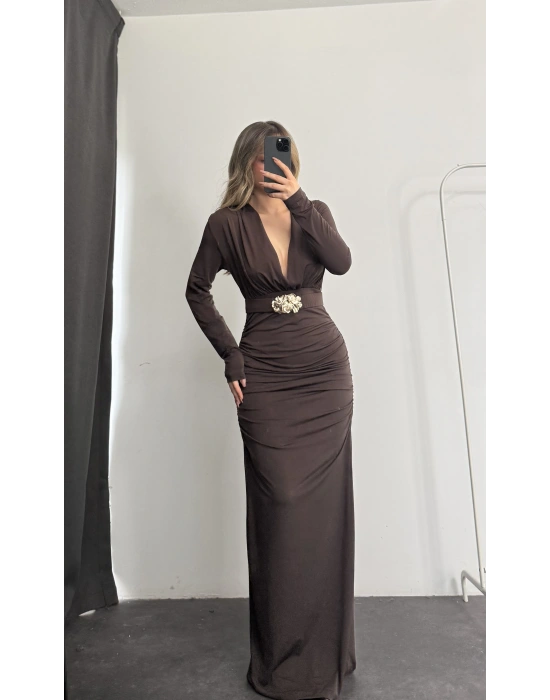 Mori V yaka Tokalı Elbise - Kahve