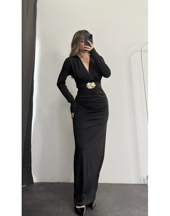 Mori V yaka Tokalı Elbise - Siyah