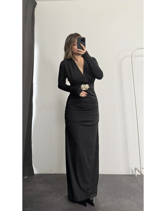 Mori V yaka Tokalı Elbise - Siyah