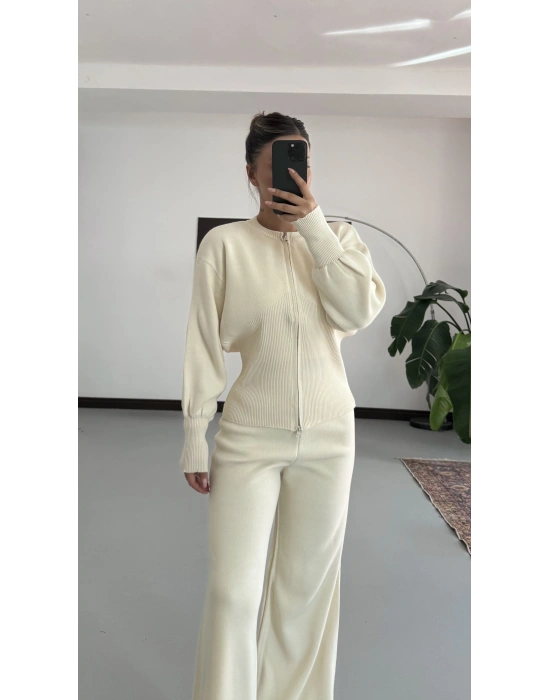 Morna Çift Fermuarlı Triko Takım - Bej
