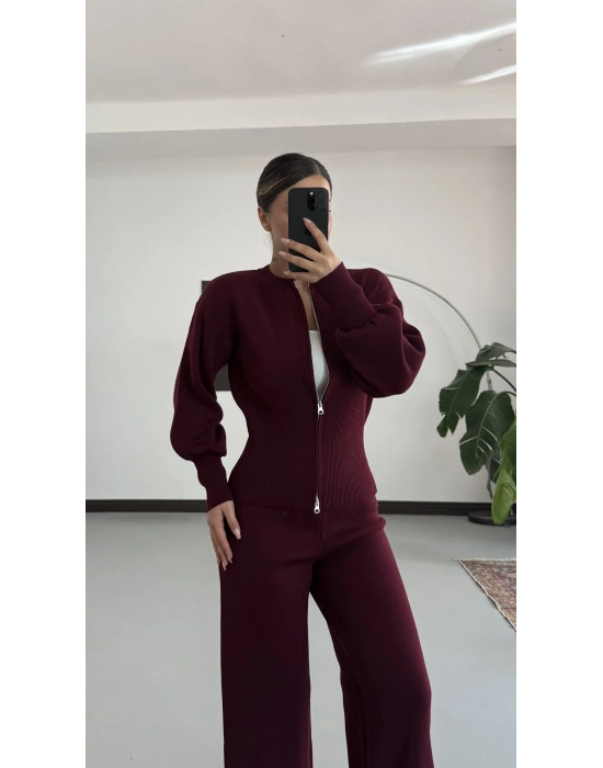 Morna Çift Fermuarlı Triko Takım - Bordo