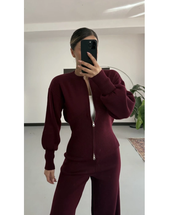 Morna Çift Fermuarlı Triko Takım - Bordo