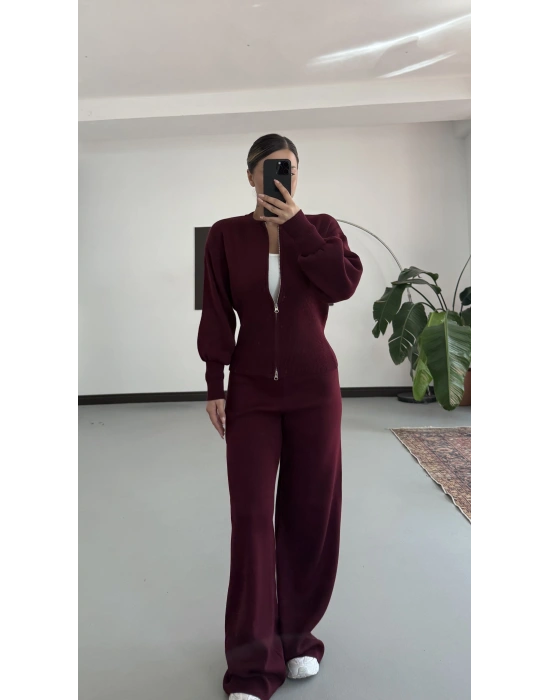 Morna Çift Fermuarlı Triko Takım - Bordo
