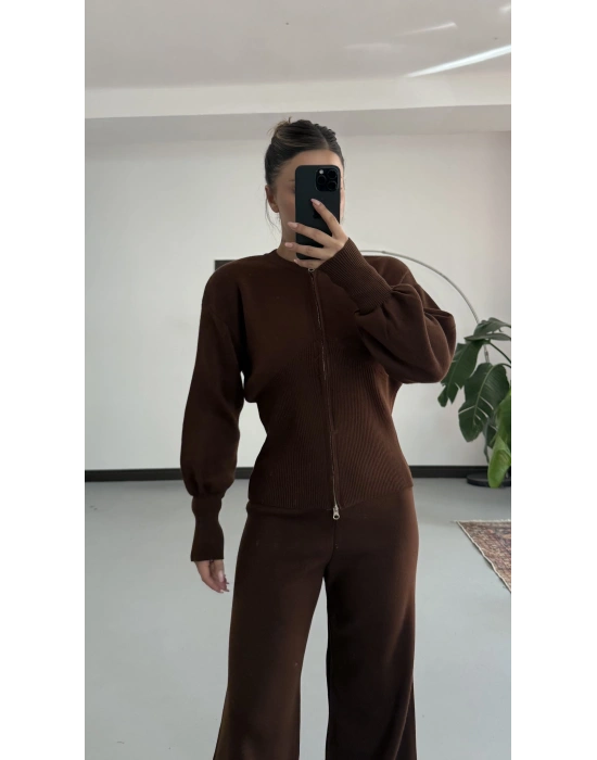 Morna Çift Fermuarlı Triko Takım - Kahve