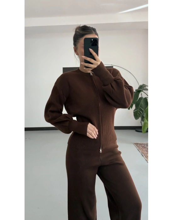 Morna Çift Fermuarlı Triko Takım - Kahve