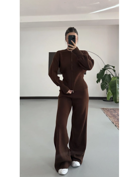Morna Çift Fermuarlı Triko Takım - Kahve