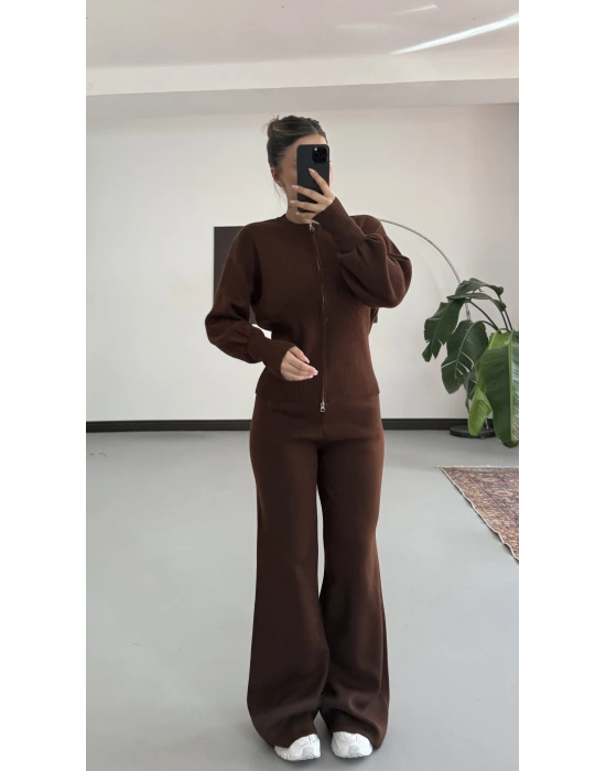 Morna Çift Fermuarlı Triko Takım - Kahve