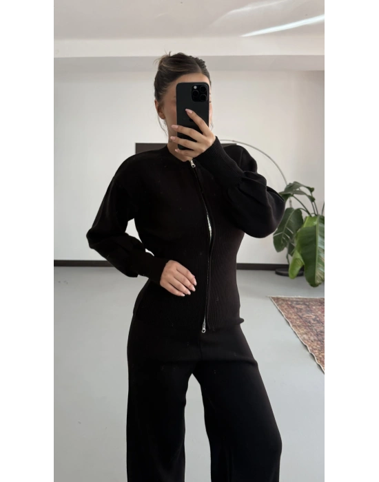 Morna Çift Fermuarlı Triko Takım - Siyah