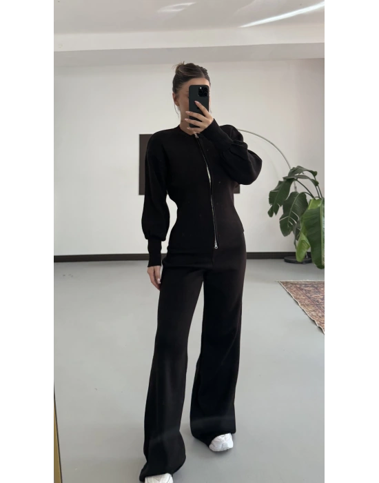 Morna Çift Fermuarlı Triko Takım - Siyah
