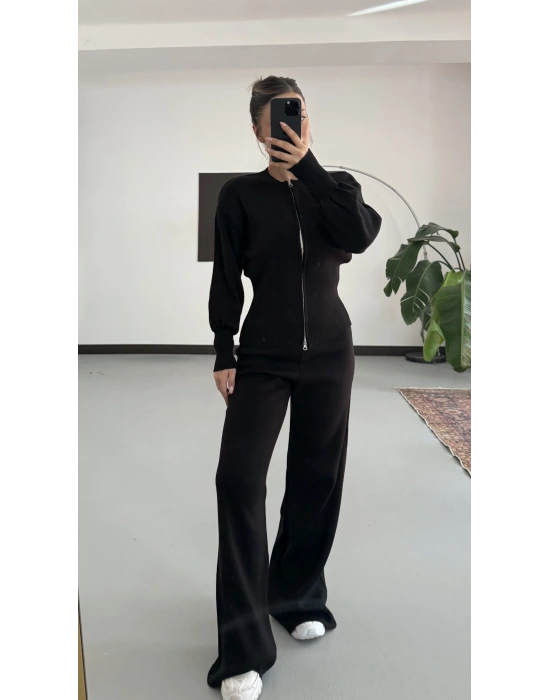 Morna Çift Fermuarlı Triko Takım - Siyah
