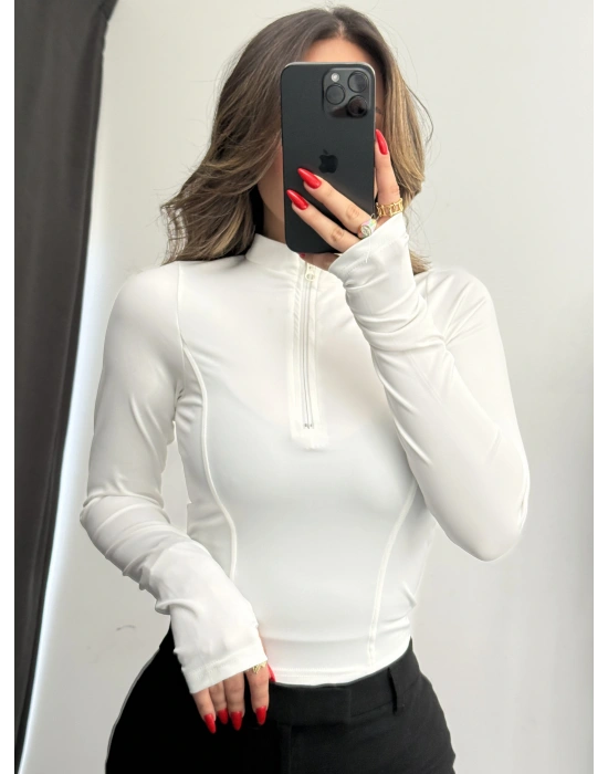 Nanda Fermuarlı Body - Beyaz