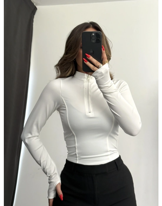 Nanda Fermuarlı Body - Beyaz