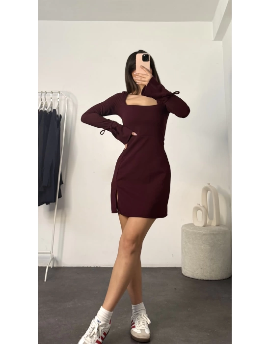 Nara Kare Yaka Mini Elbise - Bordo