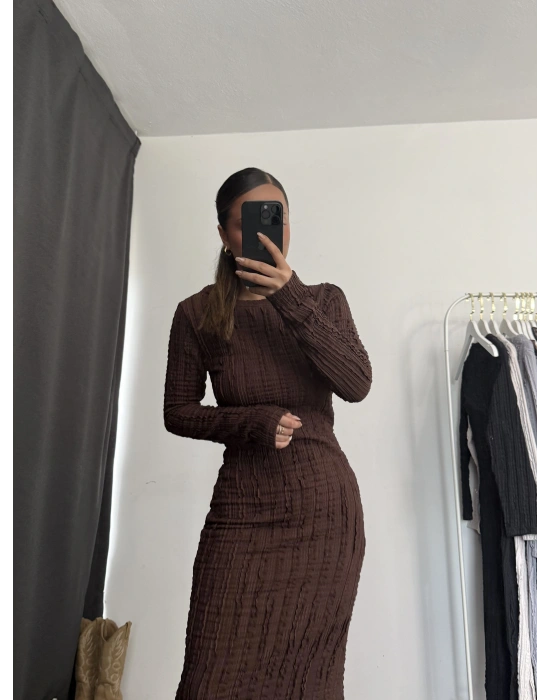 Nella Ters Dikiş Elbise - Kahve