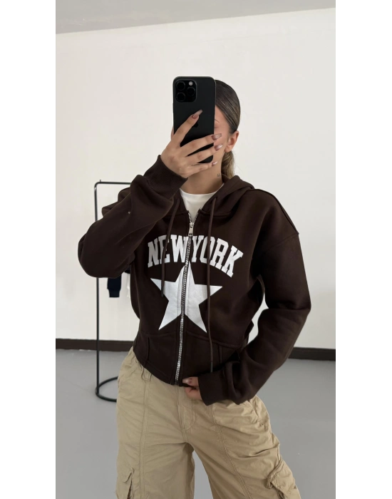 Newyork Crop Hırka - Kahve