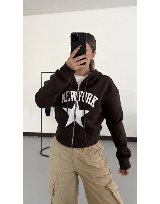 Newyork Crop Hırka - Kahve