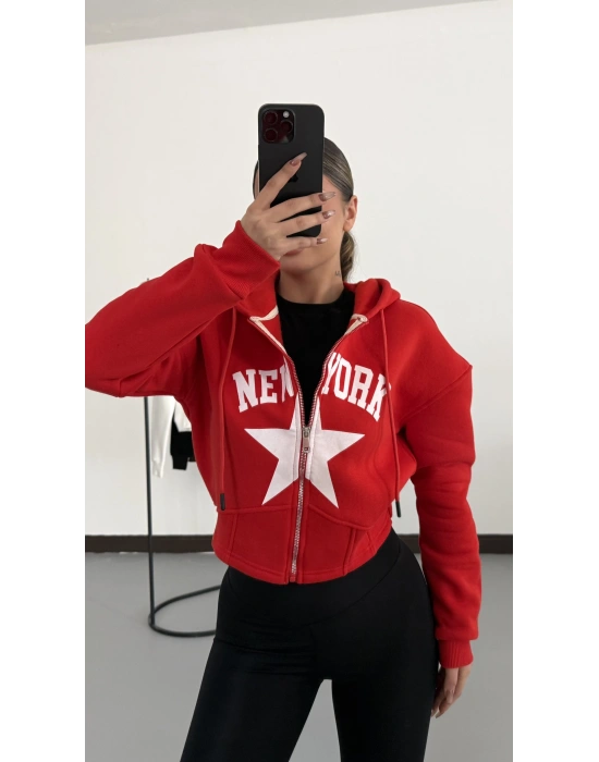Newyork Crop Hırka - Kırmızı